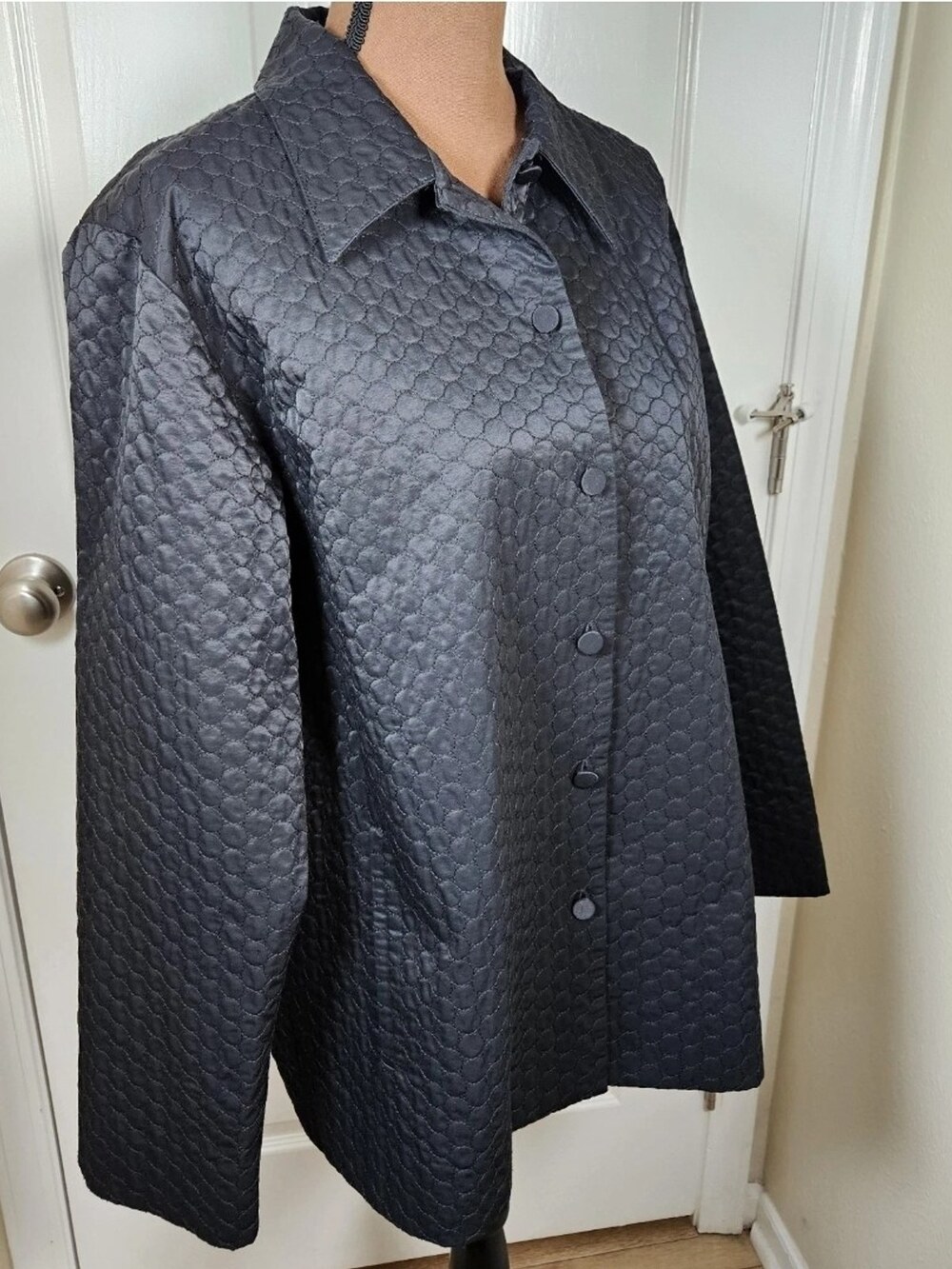 Eileen Fisher Quilted Jacket Circle Stitch Button Front Black Women's Size Large